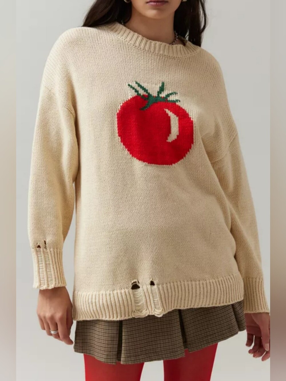 BDG Anthropologie Knit Distressed Front Tomato Print Sweater.  Oversized